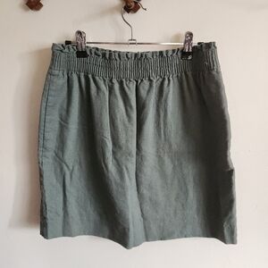 J Crew Mini Skirt Smocked Waist Casual Linen Cotton Olive Green 10 Large Pockets